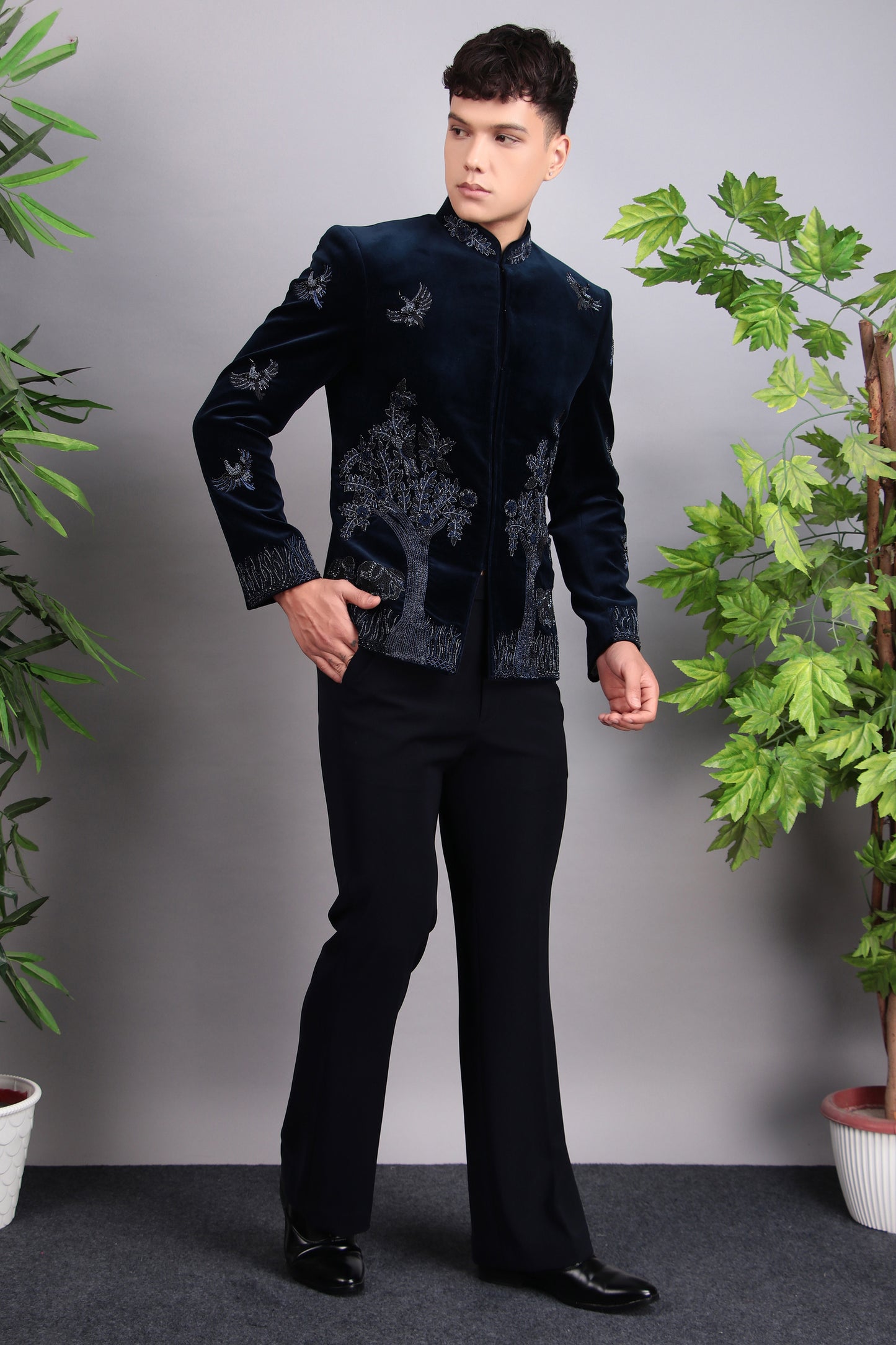 Side view - Men’s Bandhgala – Cotton Velvet in Blue with Hand Embroidery