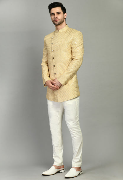Men’s Indo-Western – Silk Georgette in Beige with Zari Embroidery | One Man Show