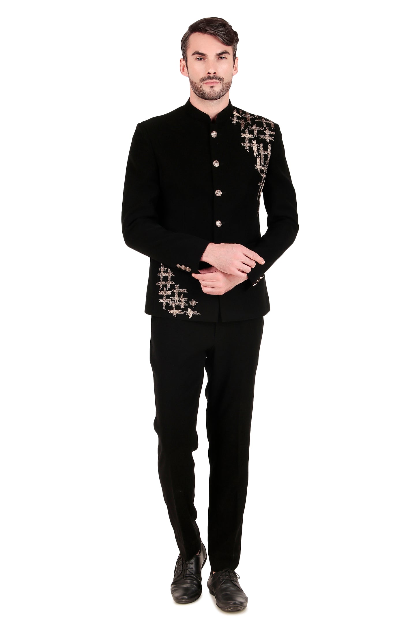 Side view - Men’s Bandhgala – Japanese Lycra in Black with Zari Embroidery
