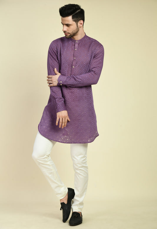 Front view - Men’s Nehru Jacket – Silk Georgette in Purple with Silk Thread and Zari Embroidery