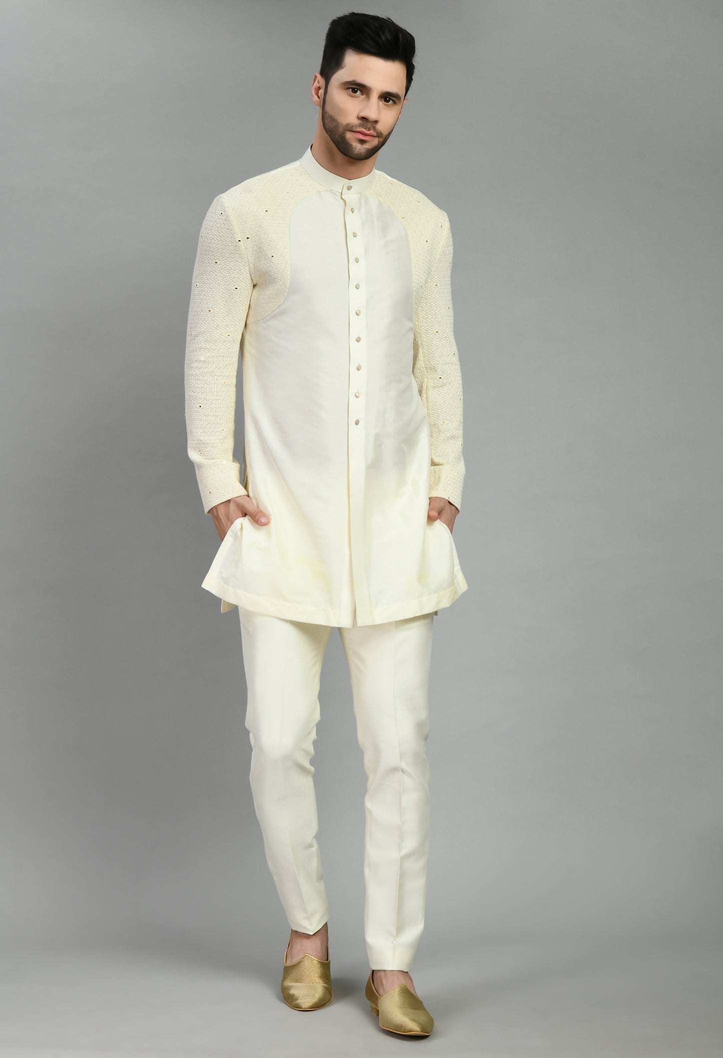 Side view - Men’s Nehru Jacket – Silk Georgette in Cream with Thread and Sequins Embroidery