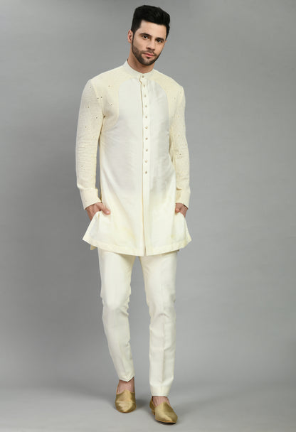 Men’s Nehru Jacket – Silk Georgette in Cream with Thread and Sequins Embroidery | One Man Show