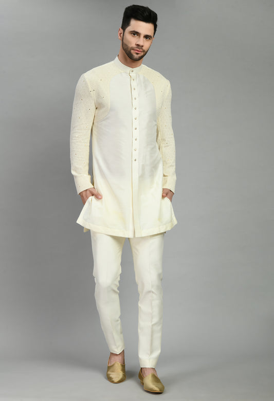 Men’s Nehru Jacket – Silk Georgette in Cream with Thread and Sequins Embroidery | One Man Show
