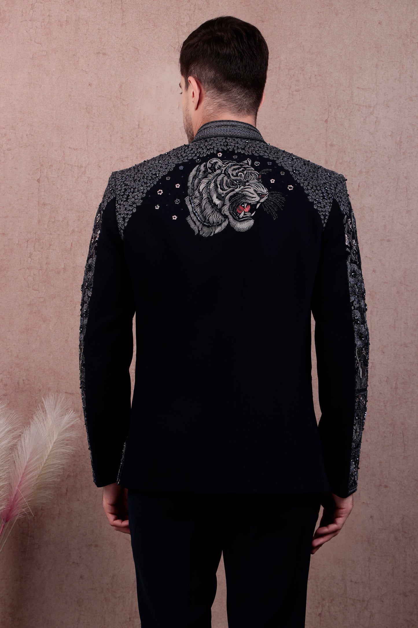 Detail view 4 - Men’s Bandhgala – Japanese Lycra in Navy Blue with Theme Embroidery Nature