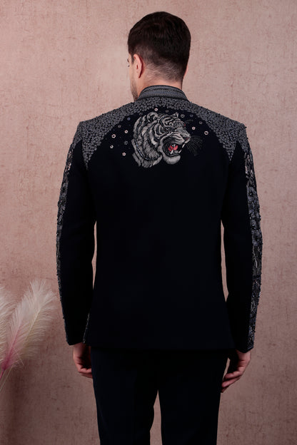 Men’s Bandhgala – Japanese Lycra in Navy Blue with Theme Embroidery Nature | One Man Show