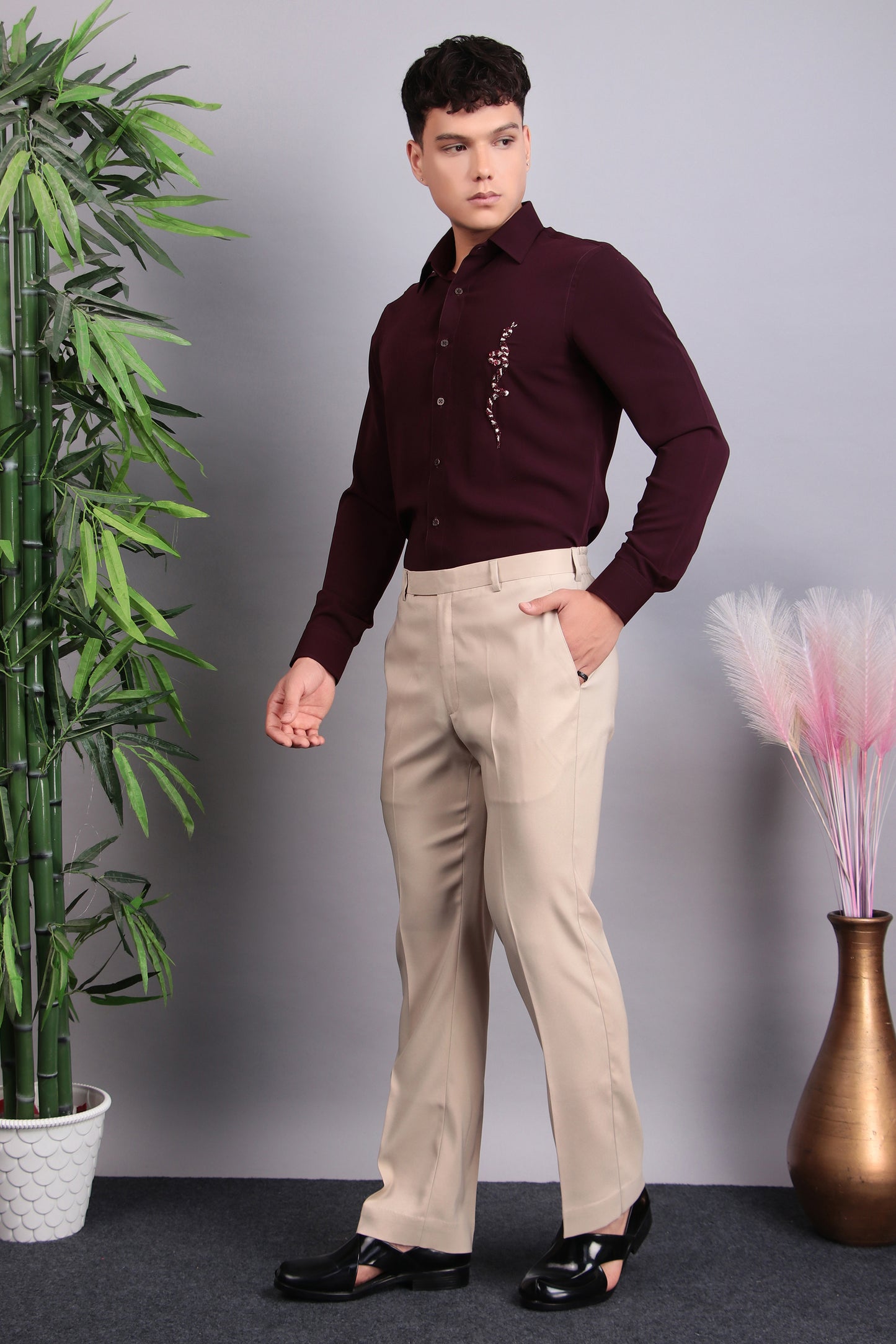 Detail view 1 - Men’s Shirt – Korean Wrinkle Free in Maroon with Snake Embroidery