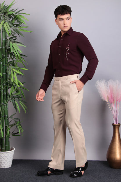 Men’s Shirt – Korean Wrinkle Free in Maroon with Snake Embroidery | One Man Show