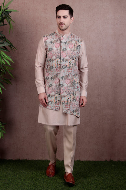 Men’s Layered Kurta Set – Cotton Silk in Salmon Pink with Jacquard Printed Jacket Look | One Man Show