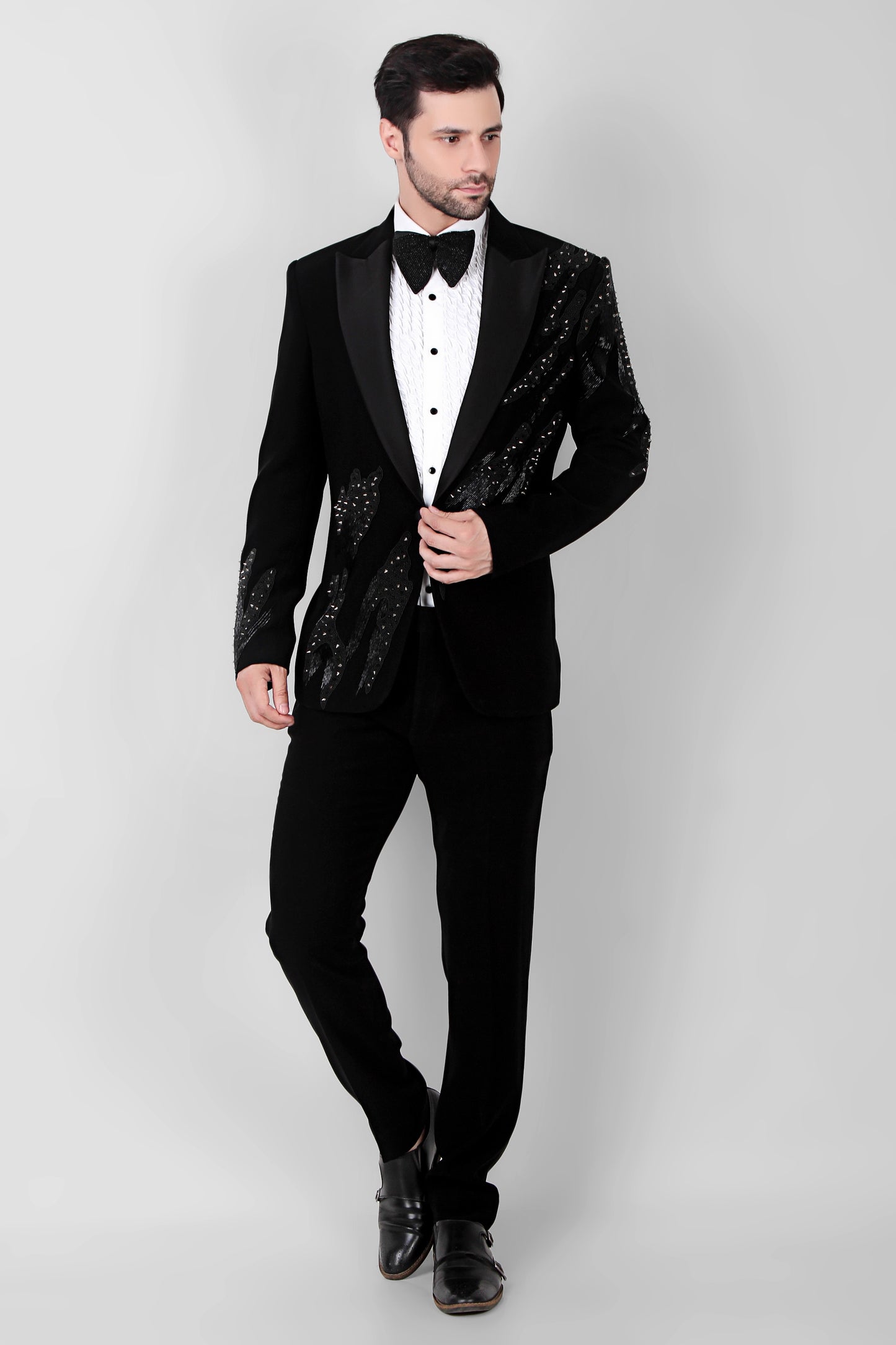 Side view - Men’s Tuxedo – Japanese Lycra in Black with Abstract Embroidery