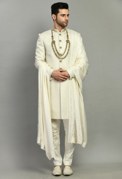 Men’s Sherwani – Silk in Ivory with Detailed Hand Embroidery Allover | One Man Show