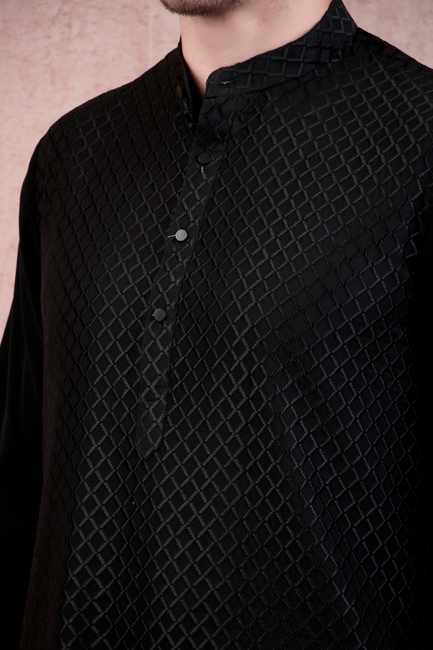 Detail view 7 - Men’s Sherwani – Georgette in Black with Silk Thread Paisley Embroidery