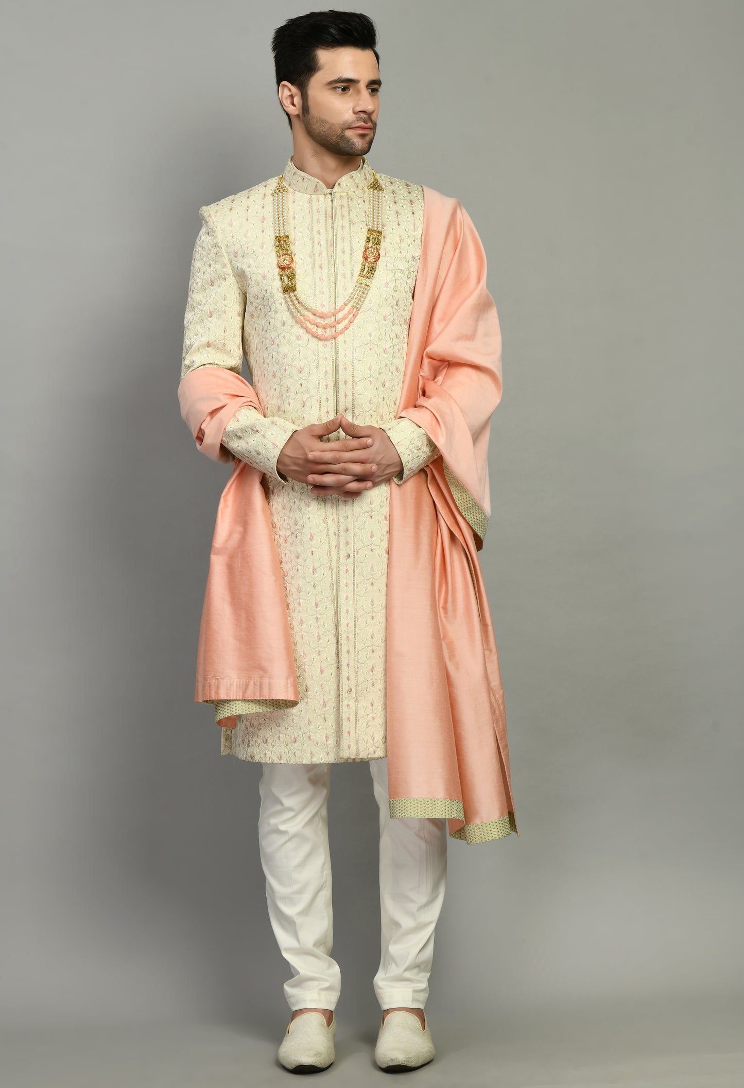 Front view - Men’s Sherwani – Silk in Cream with Detailed Hand Embroidery Allover