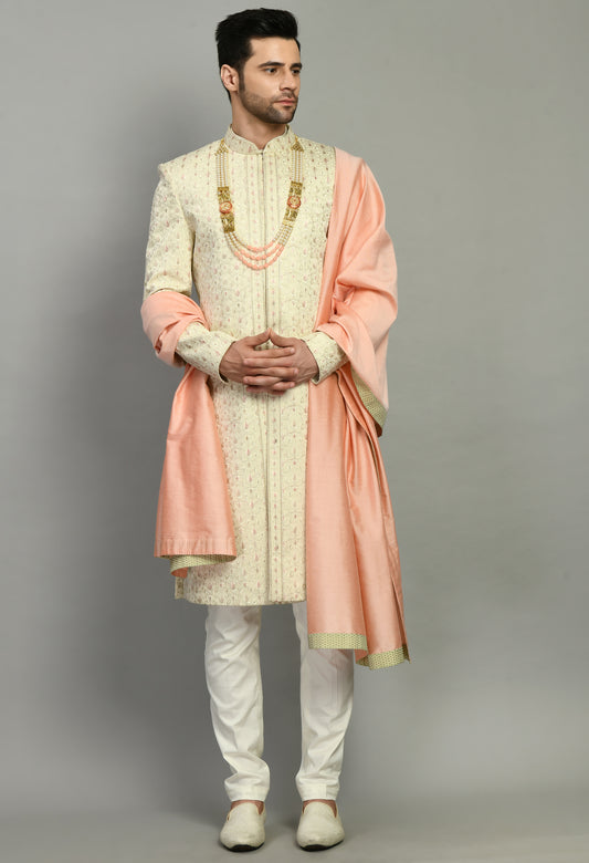 Front view - Men’s Sherwani – Silk in Cream with Detailed Hand Embroidery Allover