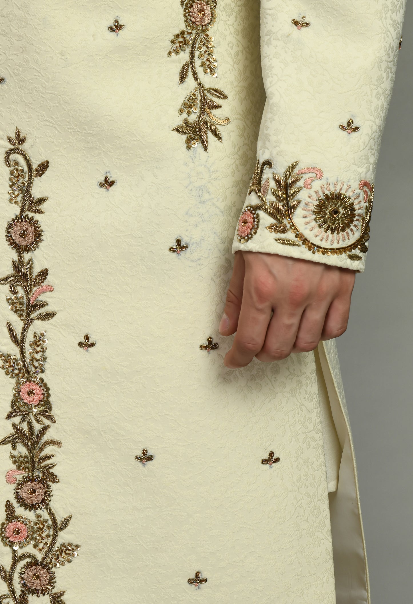 Men’s Sherwani – Silk in Ivory with Detailed Hand Embroidery | One Man Show
