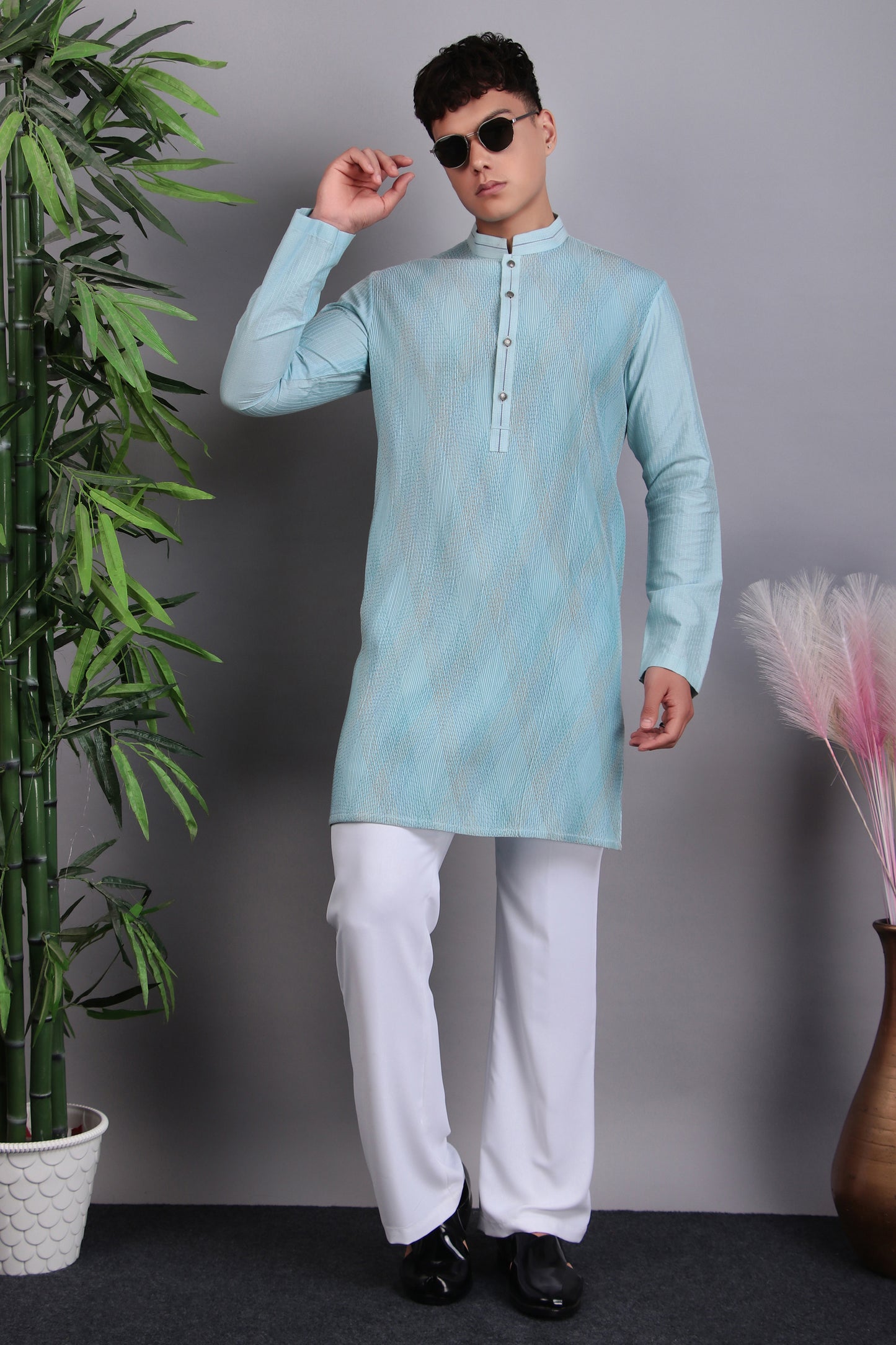 Detail view 4 - Men’s Kurta Set – Silk Cotton in Blue with Thread Work and Pintex Fabric Manipulation