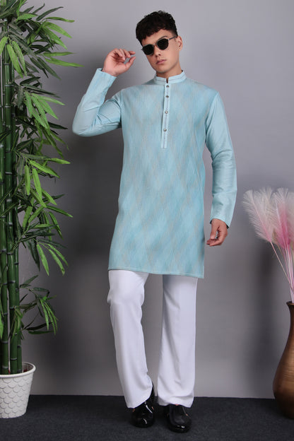 Men’s Kurta Set – Silk Cotton in Blue with Thread Work and Pintex Fabric Manipulation | One Man Show