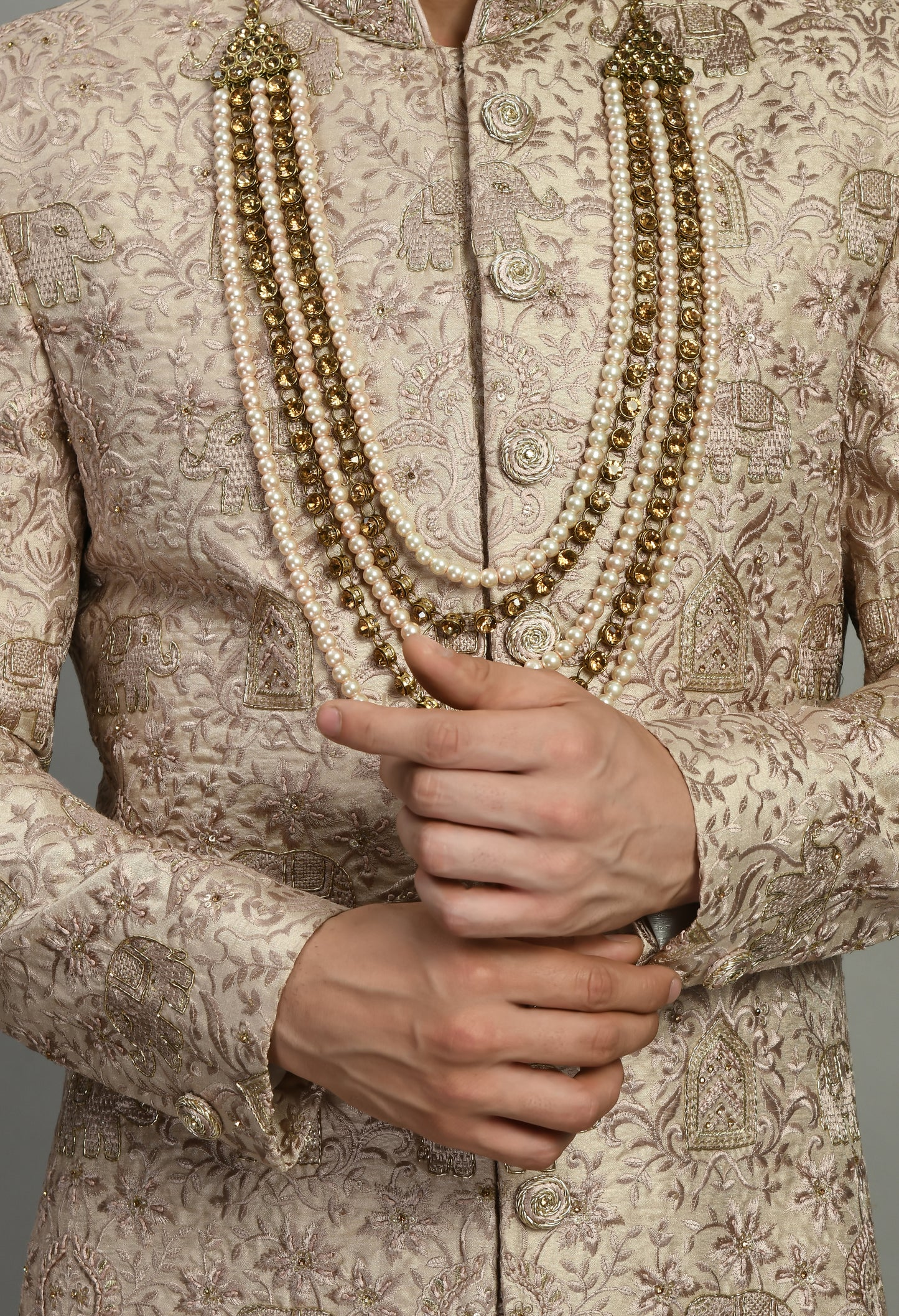Back view - Men’s Sherwani – Silk in Pink with Detailed Hand Embroidery