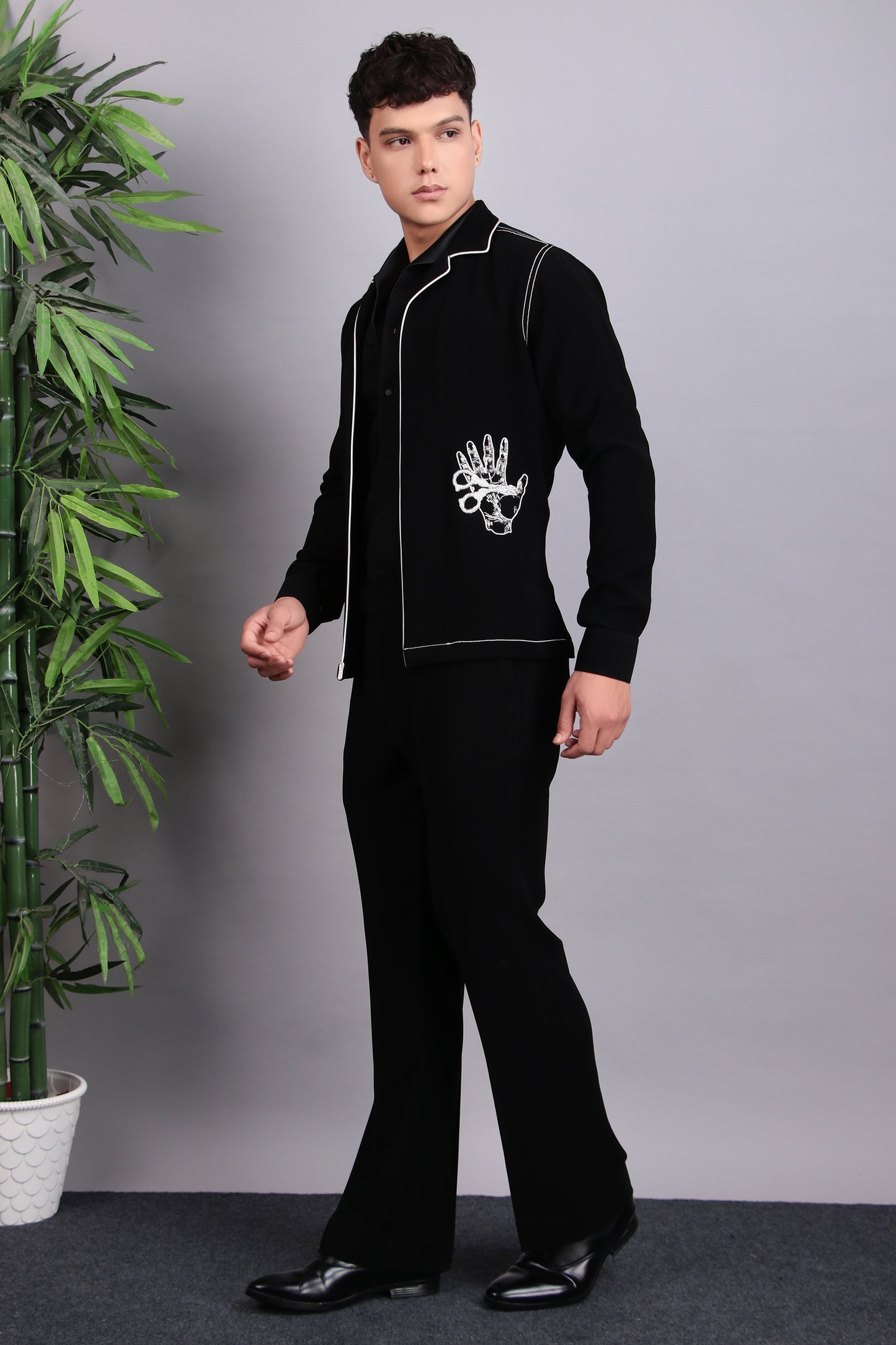 Front view - Men’s Tuxedo – Japanese Lycra in Black with Pintex & Beads Embroidery