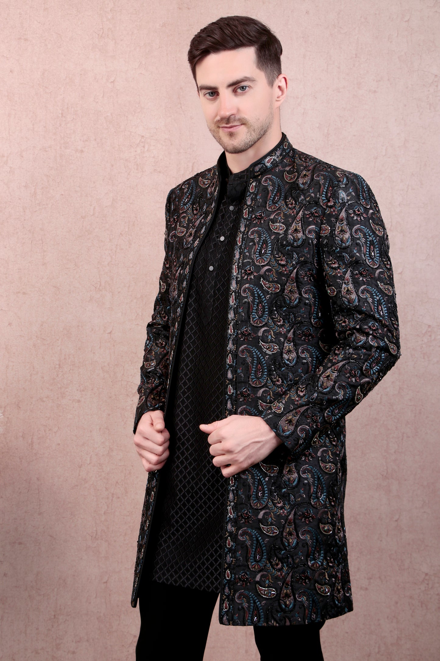 Side view - Men’s Sherwani – Georgette in Black with Silk Thread Paisley Embroidery