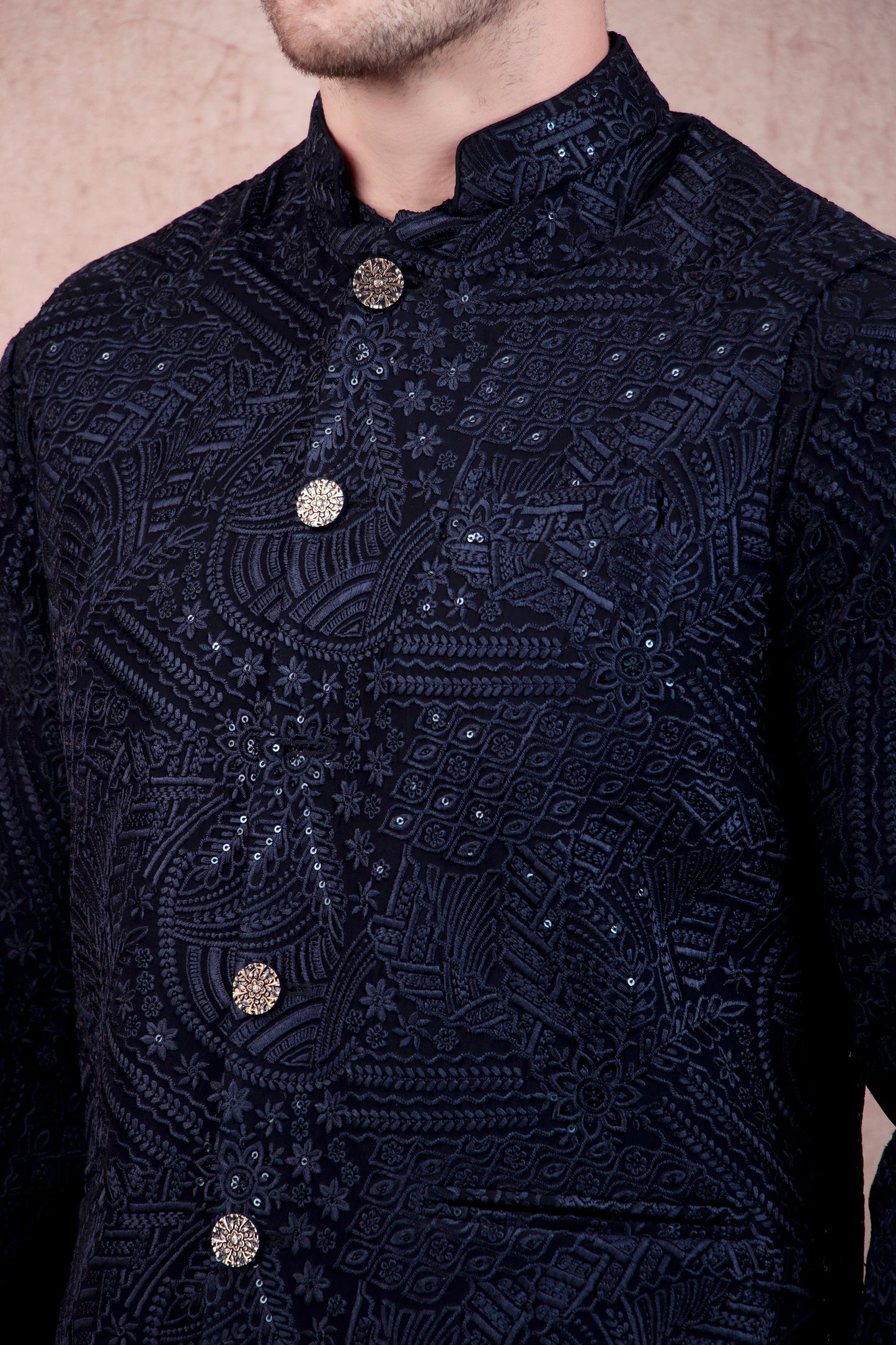 Detail view 3 - Men’s Kurta Set – Georgette in Navy Blue with Silk Thread Embroidery & Statement Buttons