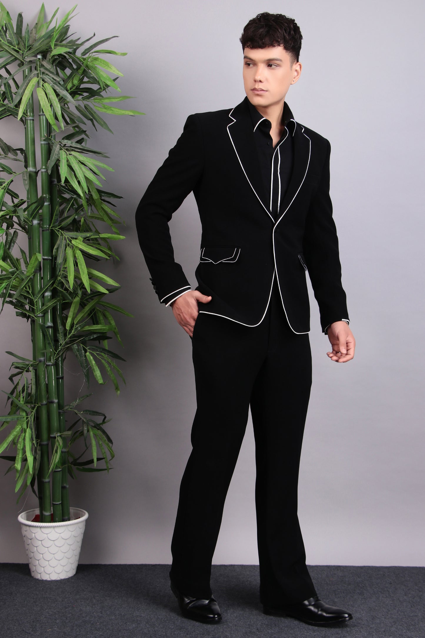 Men’s Tuxedo – Japanese Lycra in Black with White Piping Details | One Man Show