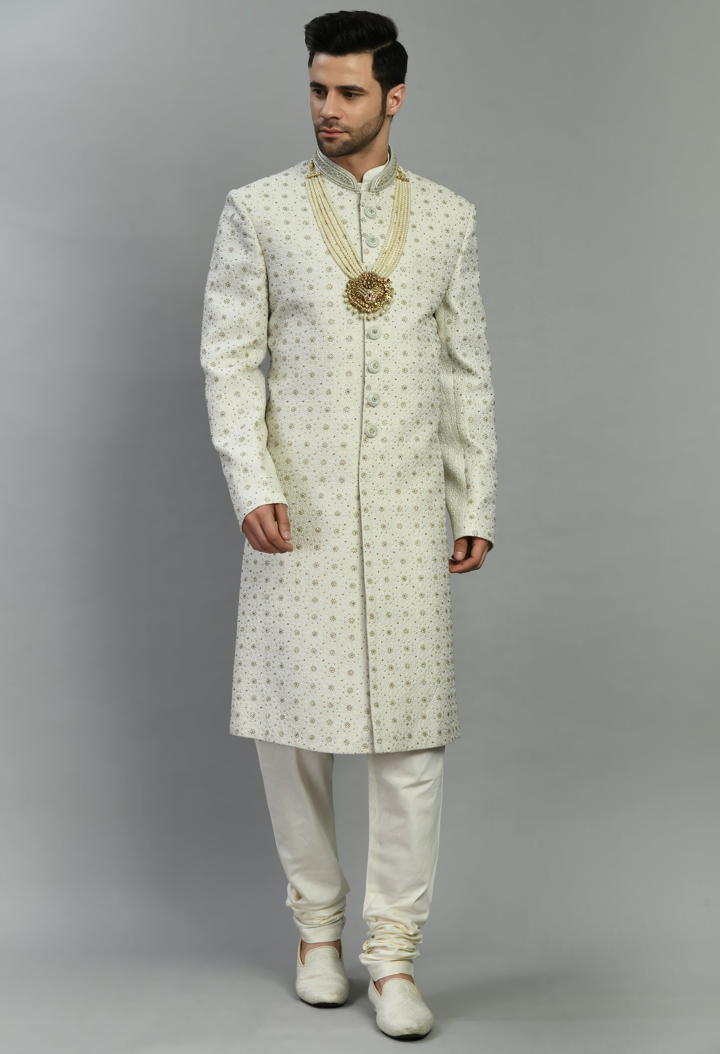 Front view - Men’s Sherwani – Silk in Ivory with Detailed Hand Embroidery Allover