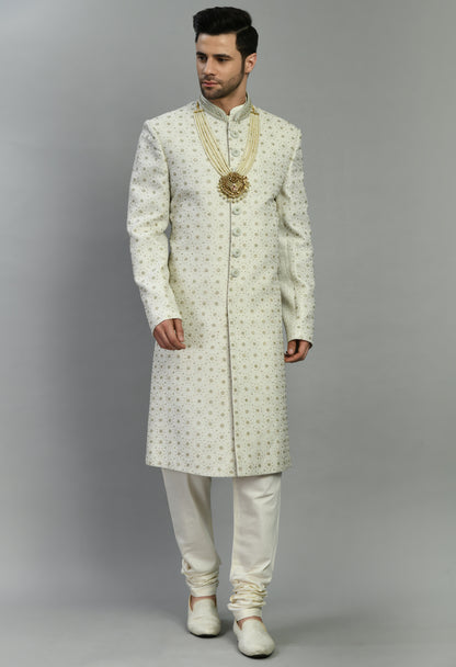 Men’s Sherwani – Silk in Ivory with Detailed Hand Embroidery Allover | One Man Show