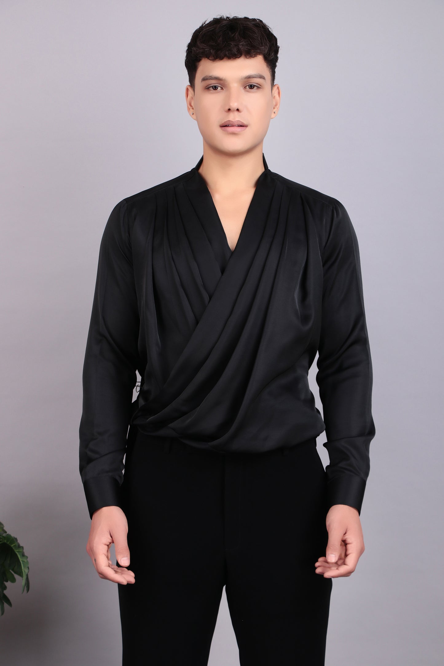 Men’s Tuxedo – Japanese Lycra in Black with Modern Cut & Designer Cowl Shirt | One Man Show