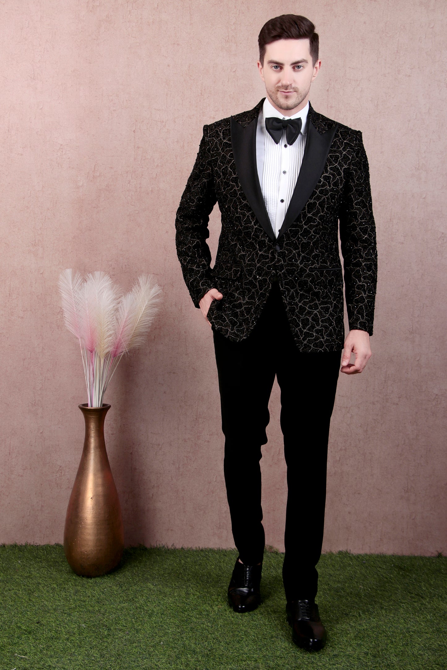 Front view - Men’s Tuxedo – Japanese Lycra in Black with Abstract Zari Embroidery