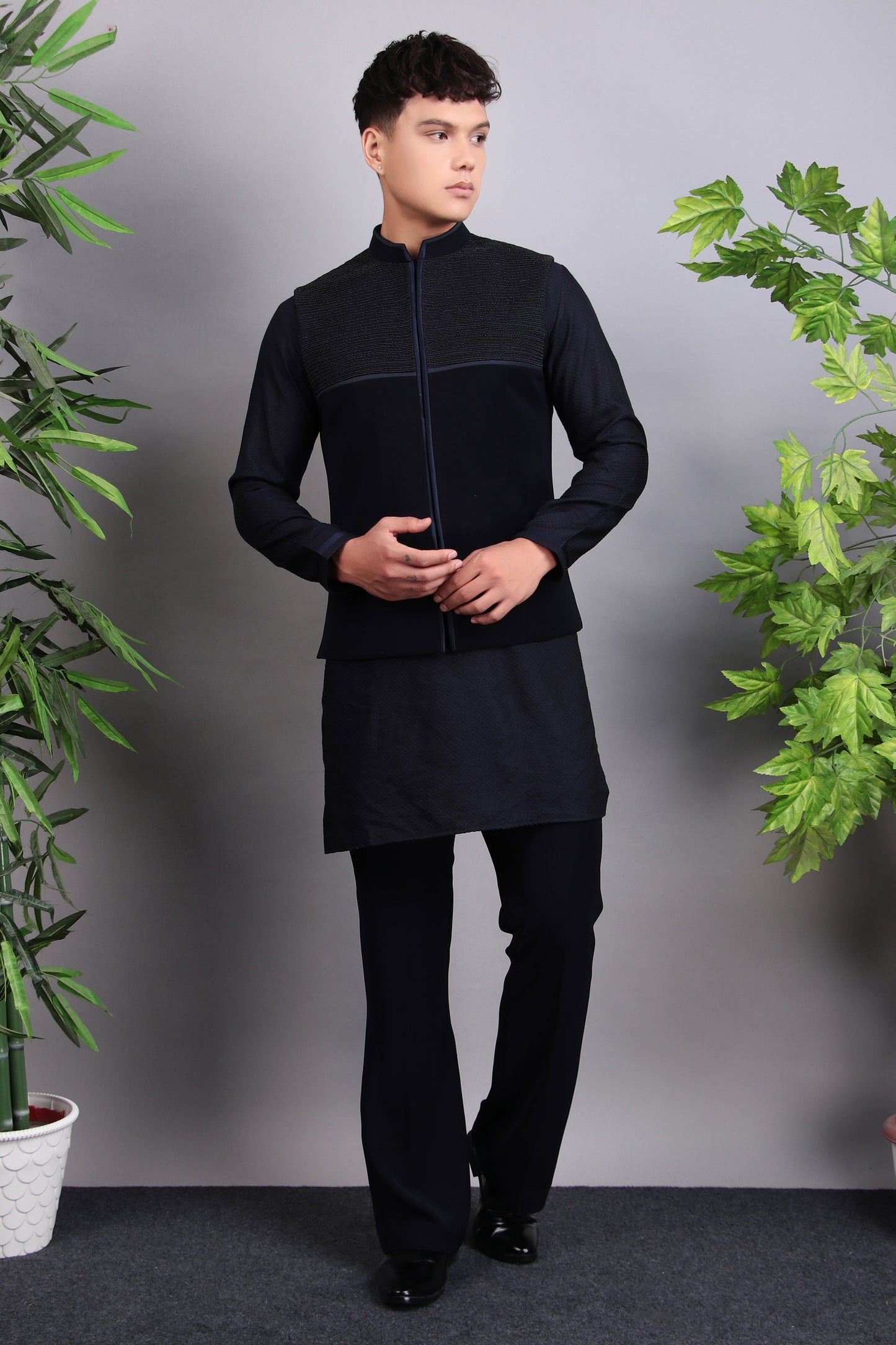Detail view 1 - Men’s Nehru Jacket – Viscose Silk Fabric in Blue with Subtle Pintex and Bead Embroidery