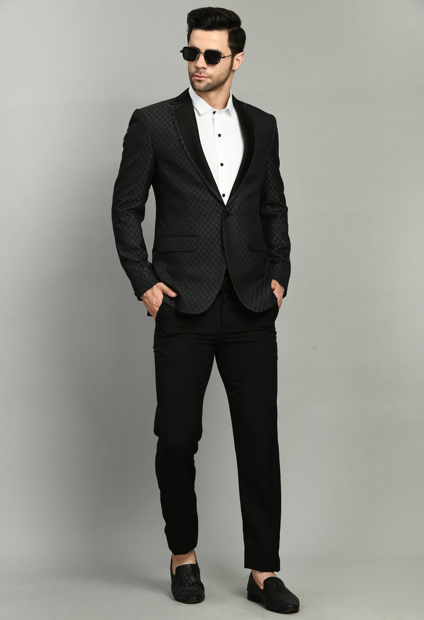 Side view - Men’s Tuxedo – Poly Jaquard in Black with Geometric Motif Tuxedo Blazer