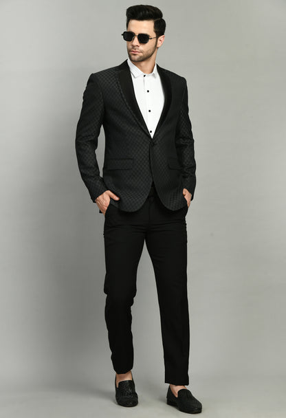 Men’s Tuxedo – Poly Jaquard in Black with Geometric Motif Tuxedo Blazer | One Man Show