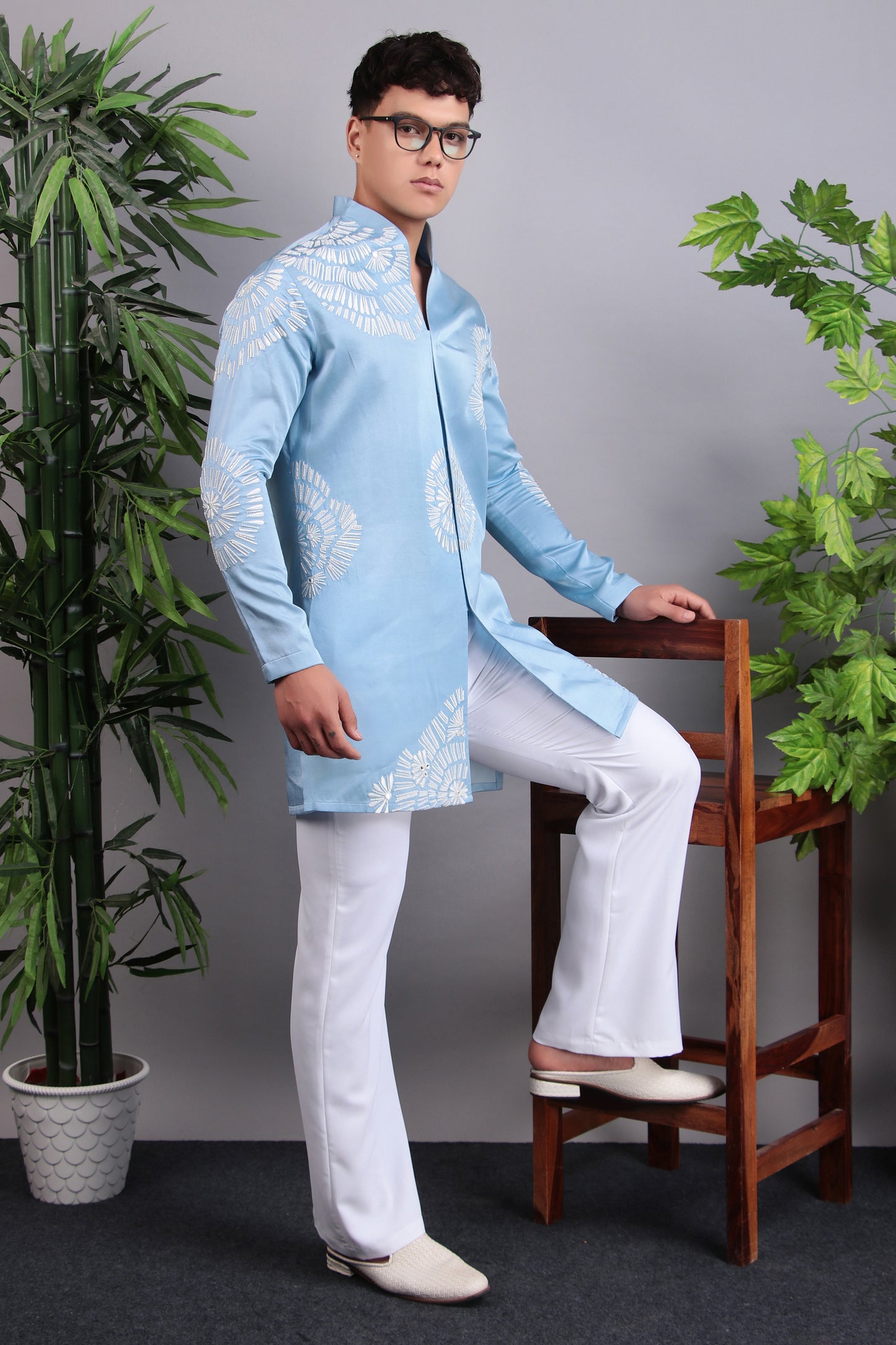 Detail view 1 - Men’s Kurta Set – Modal Satin in Blue with Silk Thread Embroidery