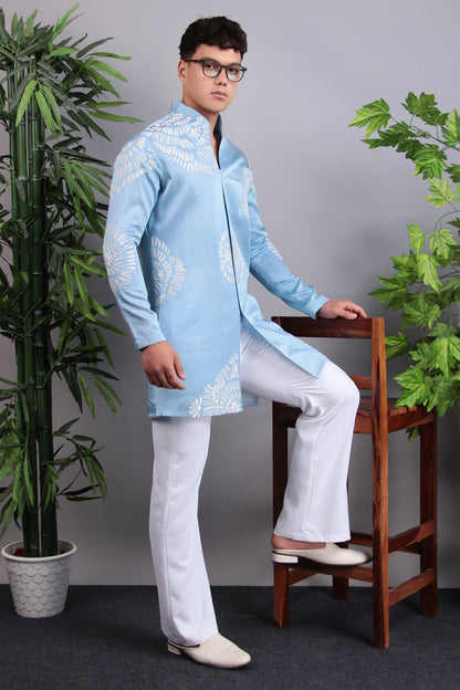 Men’s Kurta Set – Modal Satin in Blue with Silk Thread Embroidery | One Man Show