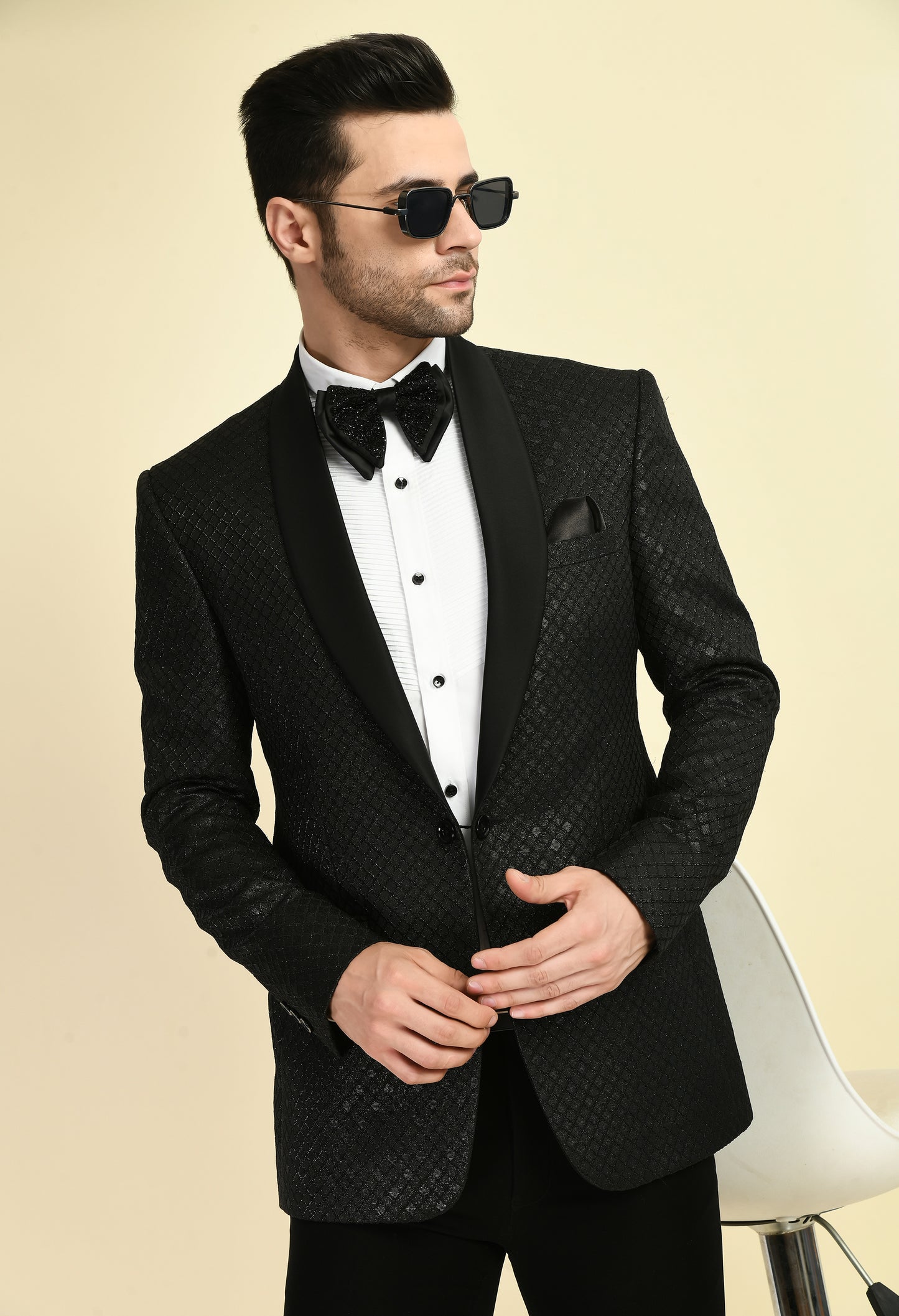 Side view - Men’s Tuxedo – Japanese Lycra in Black with Geometric Jaquard Fabric