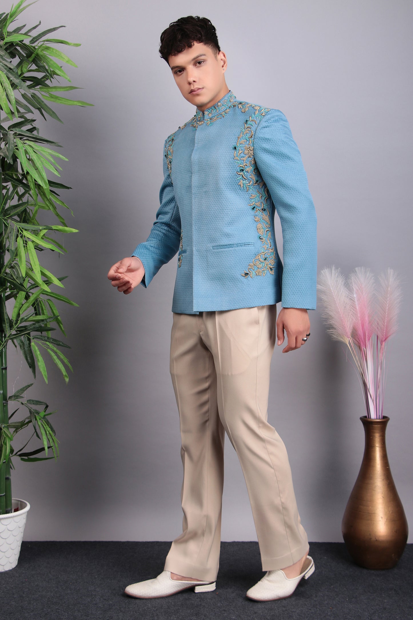 Detail view 3 - Men’s Bandhgala – Poly Jaquard in Blue with Hand Embroidery