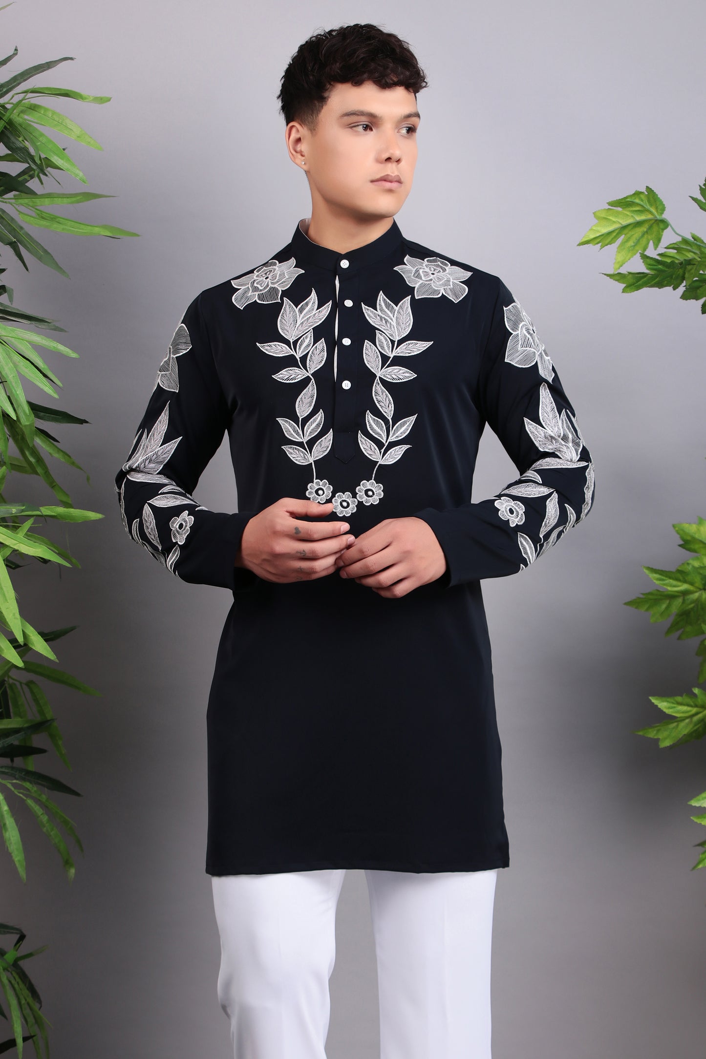 Detail view 2 - Men’s Kurta Set – Korean Wrinkle Free in Navy Blue with Silk Thread Embroidery