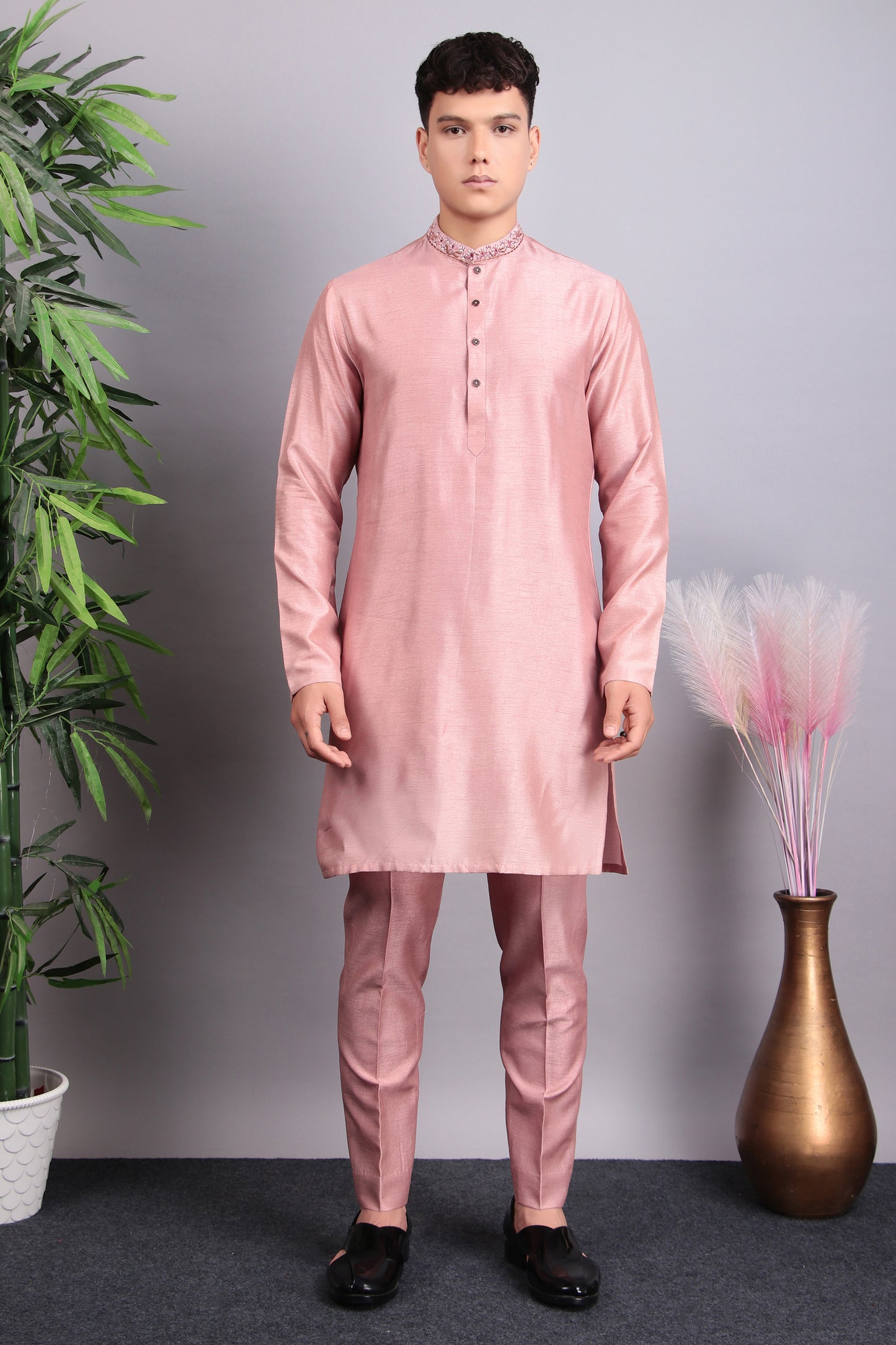 Back view - Men’s Kurta Set – Silk in Pink with Silk Thread Hand Embroidery