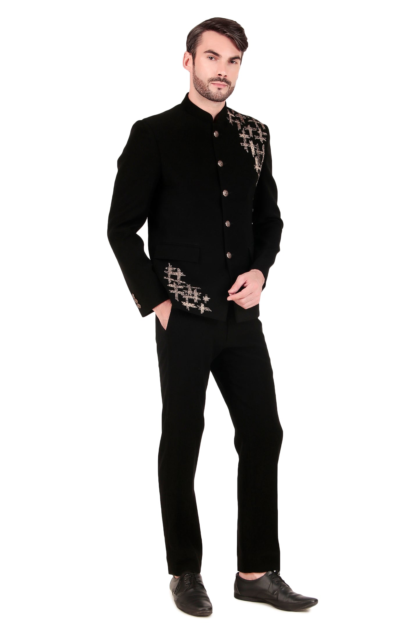 Detail view 1 - Men’s Bandhgala – Japanese Lycra in Black with Zari Embroidery