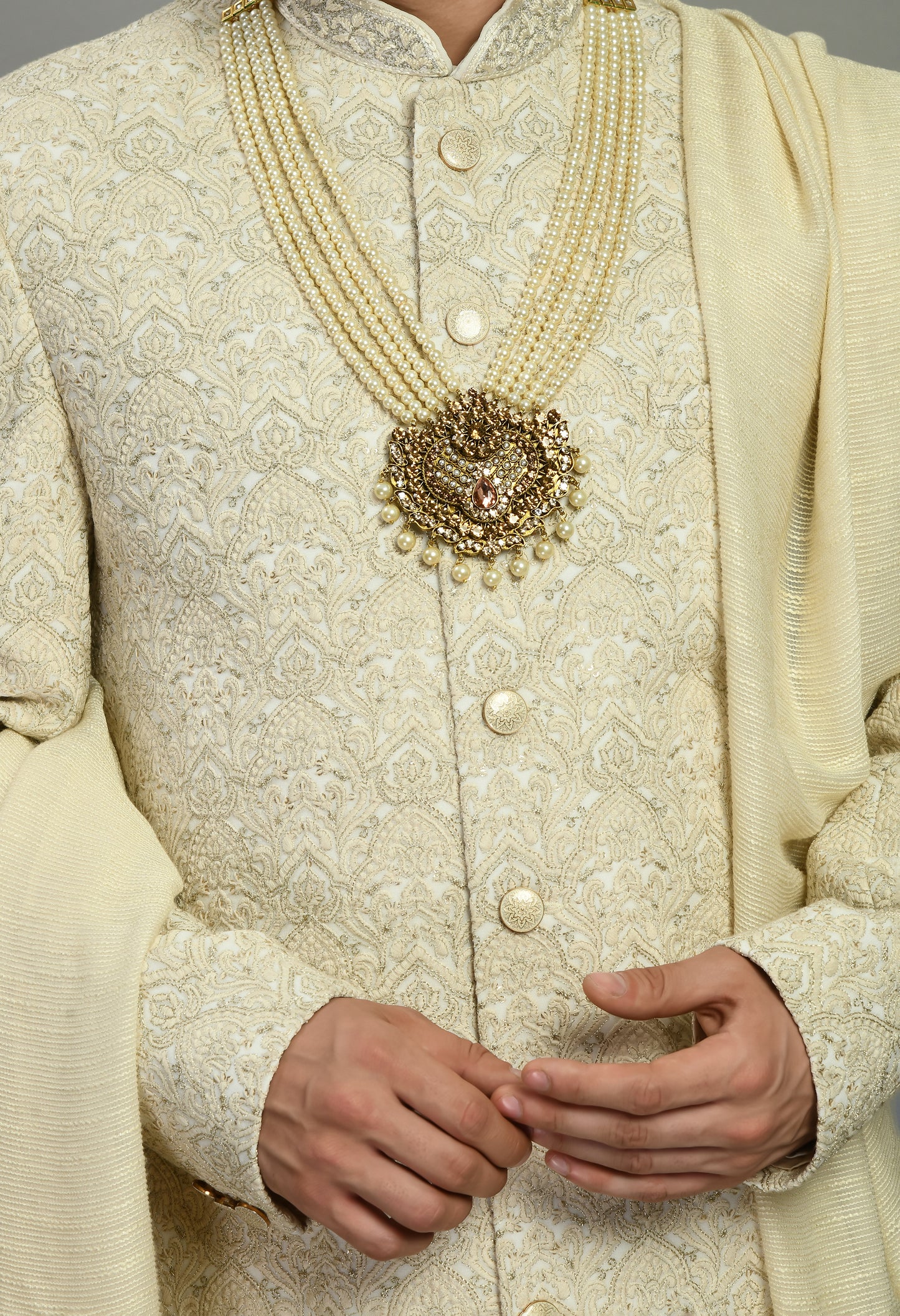 Detail view 3 - Men’s Sherwani – Silk in Cream with Detailed Hand Embroidery Allover