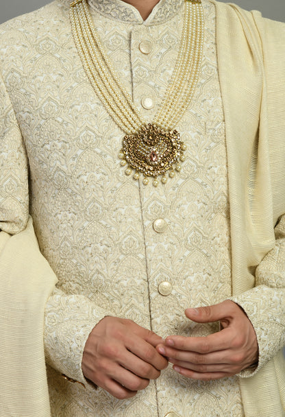 Men’s Sherwani – Silk in Cream with Detailed Hand Embroidery Allover | One Man Show