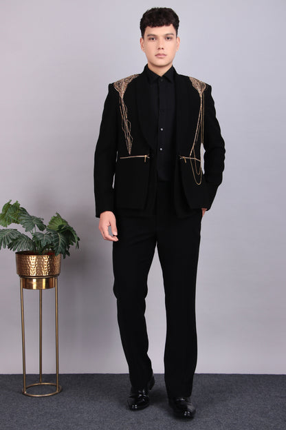 Men’s Tuxedo – Japanese Lycra in Black with Golden Embroidery | One Man Show