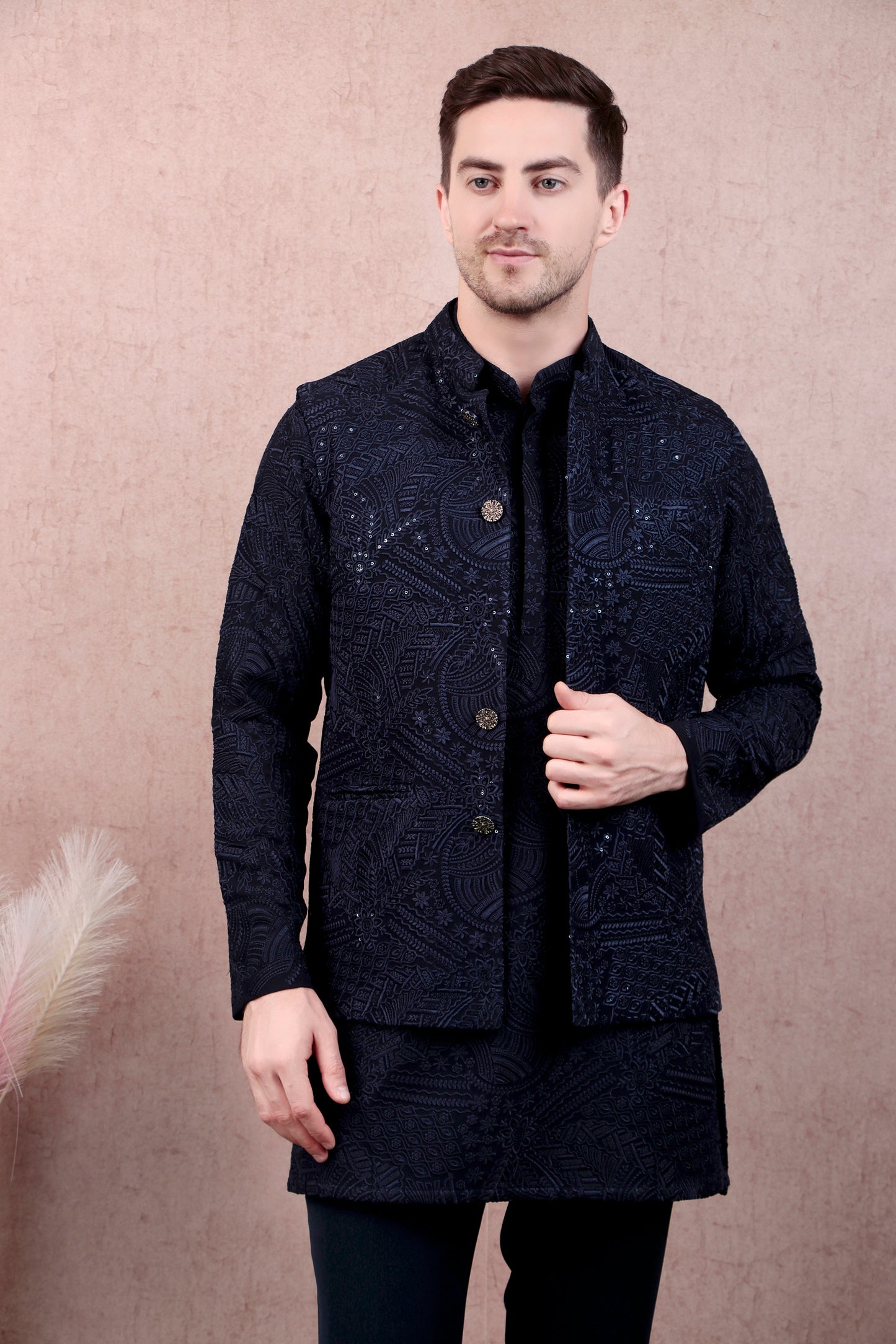 Detail view 1 - Men’s Kurta Set – Georgette in Navy Blue with Silk Thread Embroidery & Statement Buttons