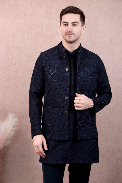 Men’s Kurta Set – Georgette in Navy Blue with Silk Thread Embroidery & Statement Buttons | One Man Show