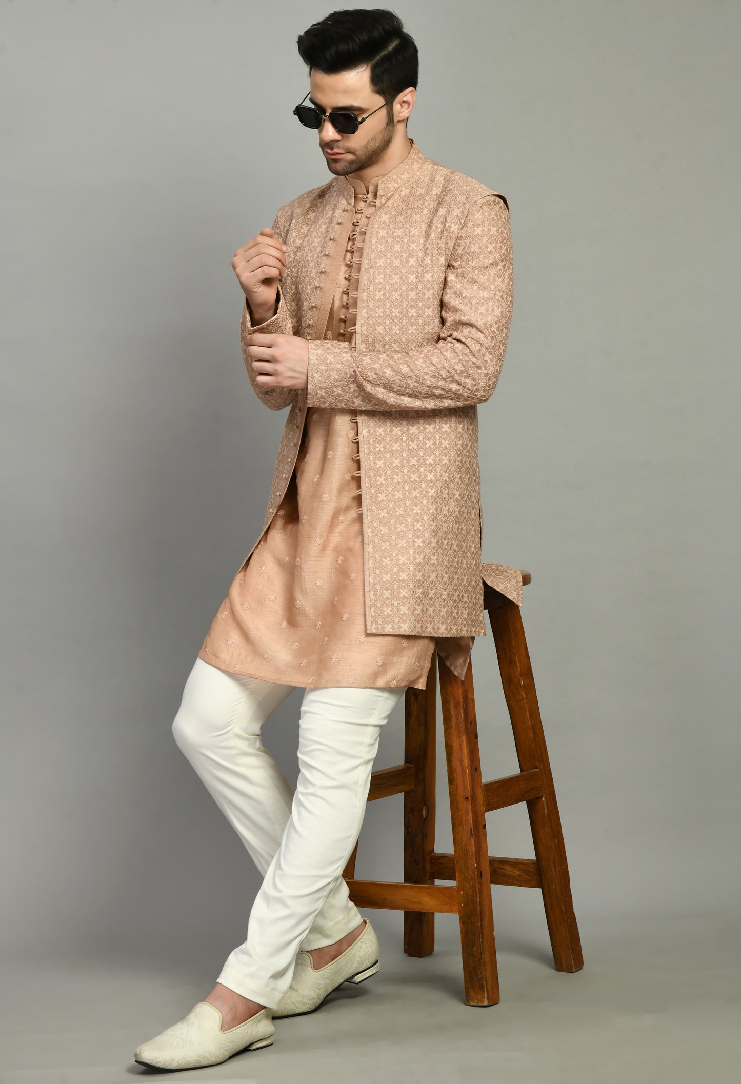 Back view - Men’s Nehru Jacket – Silk Georgette in Light Brown with Designer Kurta Sleeve