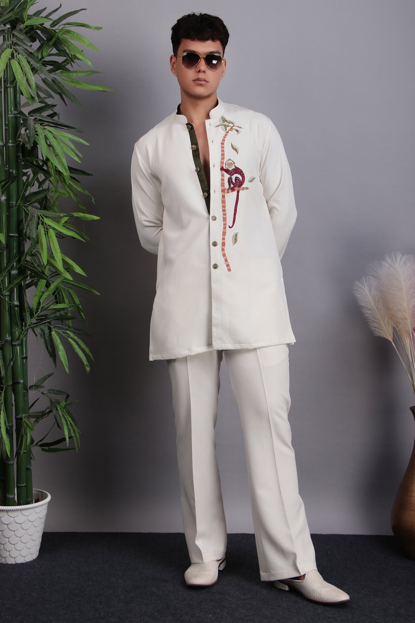 Detail view 2 - Men’s Kurta Set – Korean Wrinkle-Free in Cream with Glass Beads & Silk Thread Embroidery