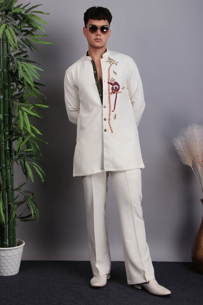 Men’s Kurta Set – Korean Wrinkle-Free in Cream with Glass Beads & Silk Thread Embroidery | One Man Show
