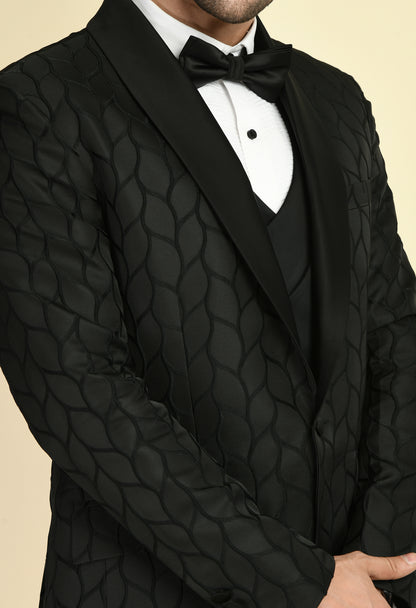 Men’s Tuxedo – Japanese Lycra in Black with Floral Jaquard Tuxedo Top | One Man Show