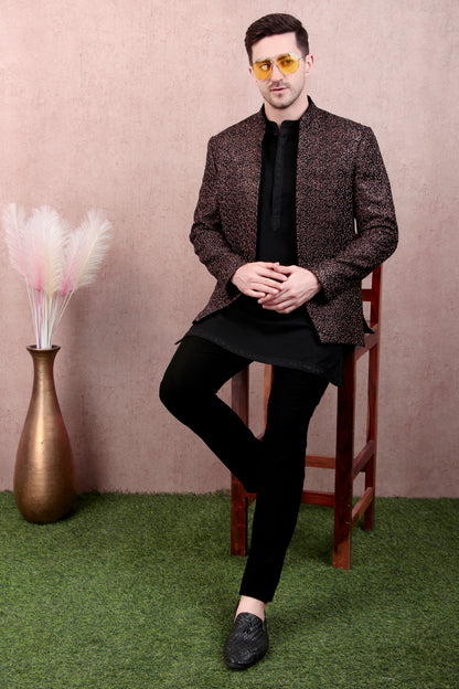 Men’s Kurta Set – Silk in Brown with Abstract Silk Thread & Hand Embroidery Jacket over Japanese Lycra Kurta | One Man Show