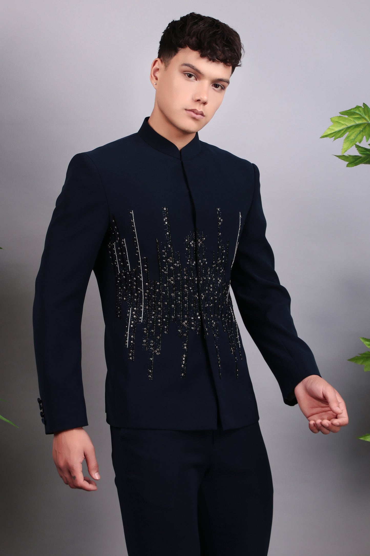 Detail view 2 - Men’s Bandhgala – Japanese Lycra in Navy Blue with Hand Embroidery